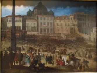 Vue de la place Saint-Pierre de Rome lorsque le pape Clément VIII apparaît à la loggia après son élection en 1592